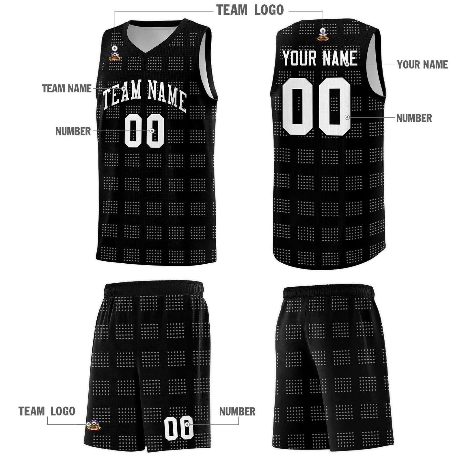 Custom Black White Trailblazer Dot Pattern Sports Uniform Basketball Jersey