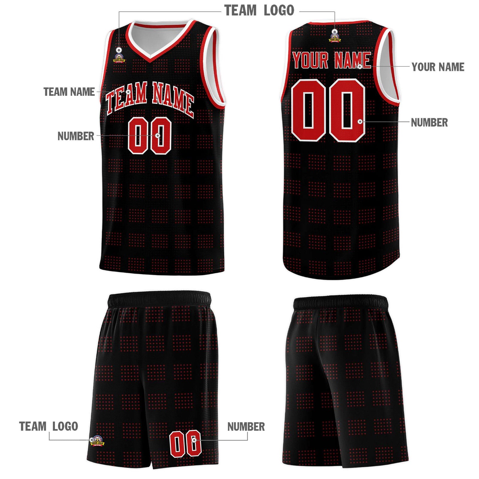 Custom Black Red Trailblazer Dot Pattern Sports Uniform Basketball Jersey