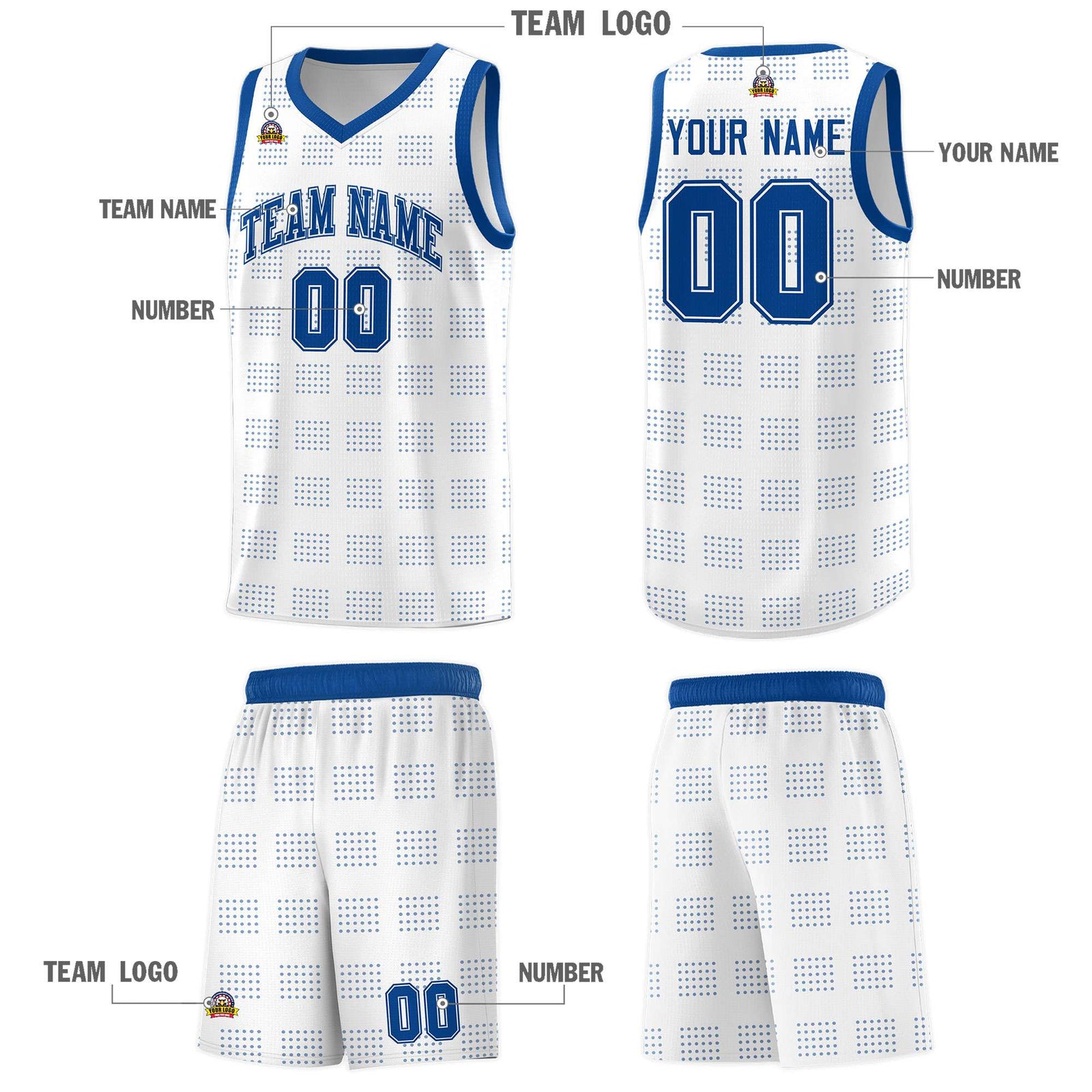 Custom White Royal Trailblazer Dot Pattern Sports Uniform Basketball Jersey
