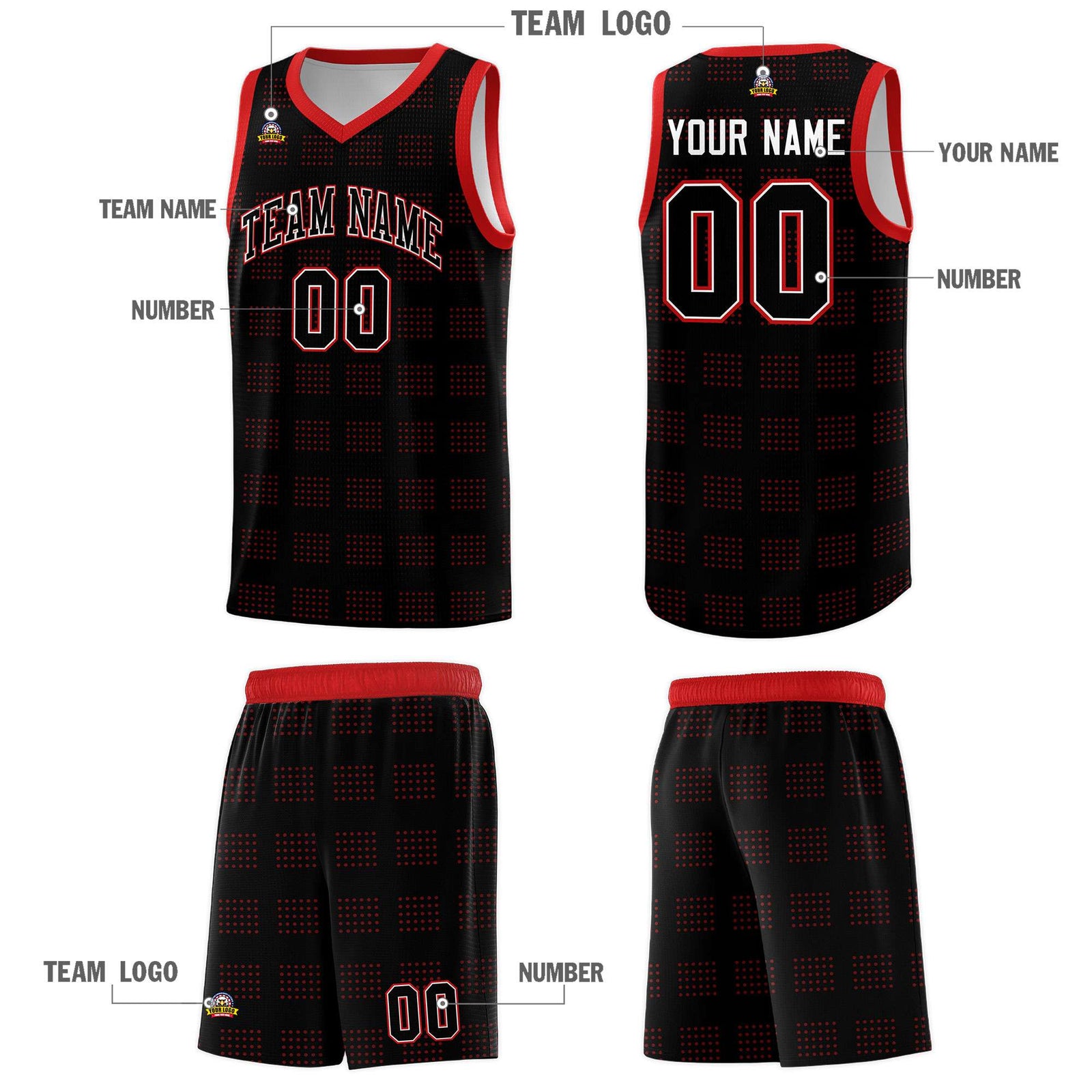 Custom Black Red Trailblazer Dot Pattern Sports Uniform Basketball Jersey