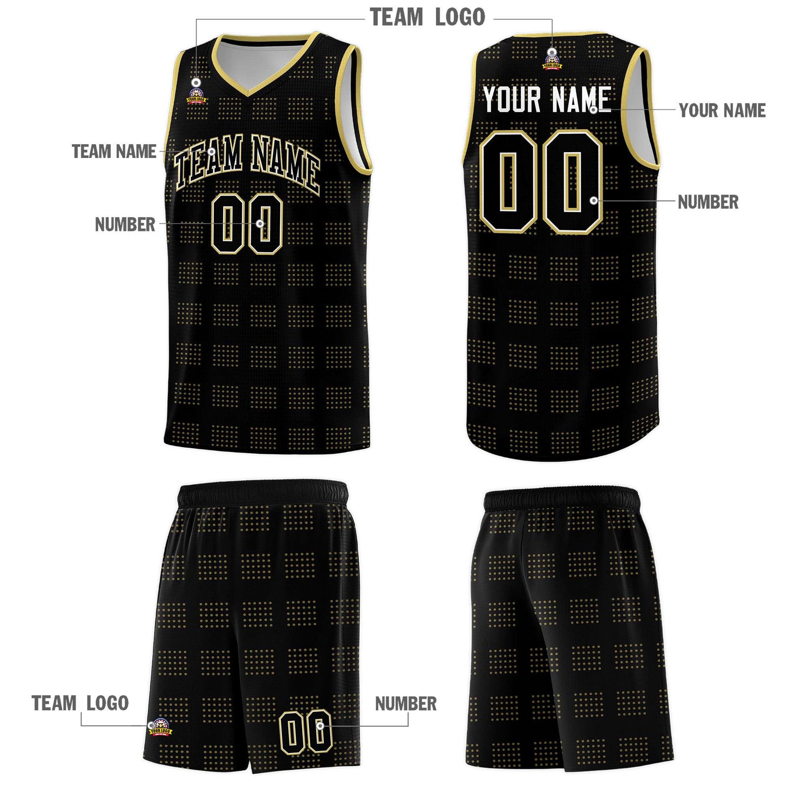 Custom Black Old Gold Trailblazer Dot Pattern Sports Uniform Basketball Jersey