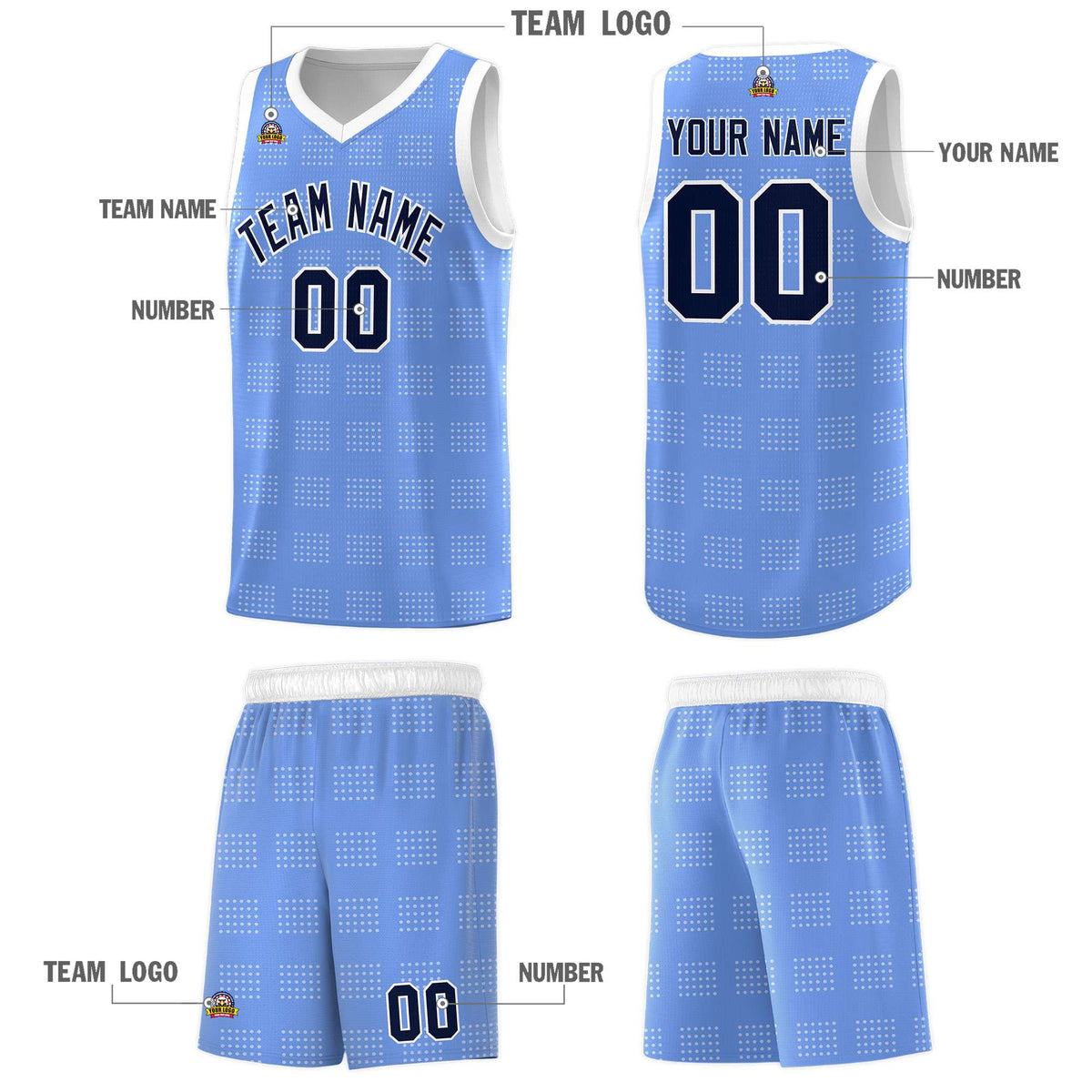 Custom Light Blue White Trailblazer Dot Pattern Sports Uniform Basketball Jersey