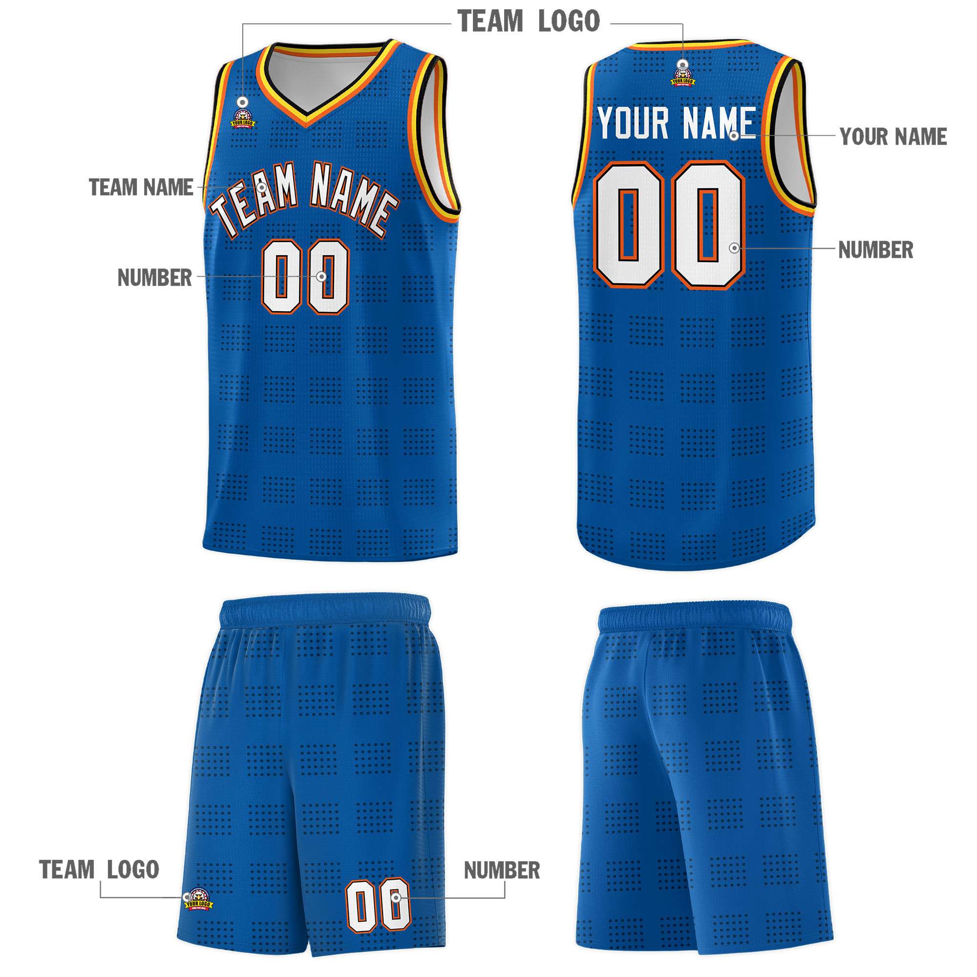 Custom Royal Black Trailblazer Dot Pattern Sports Uniform Basketball Jersey