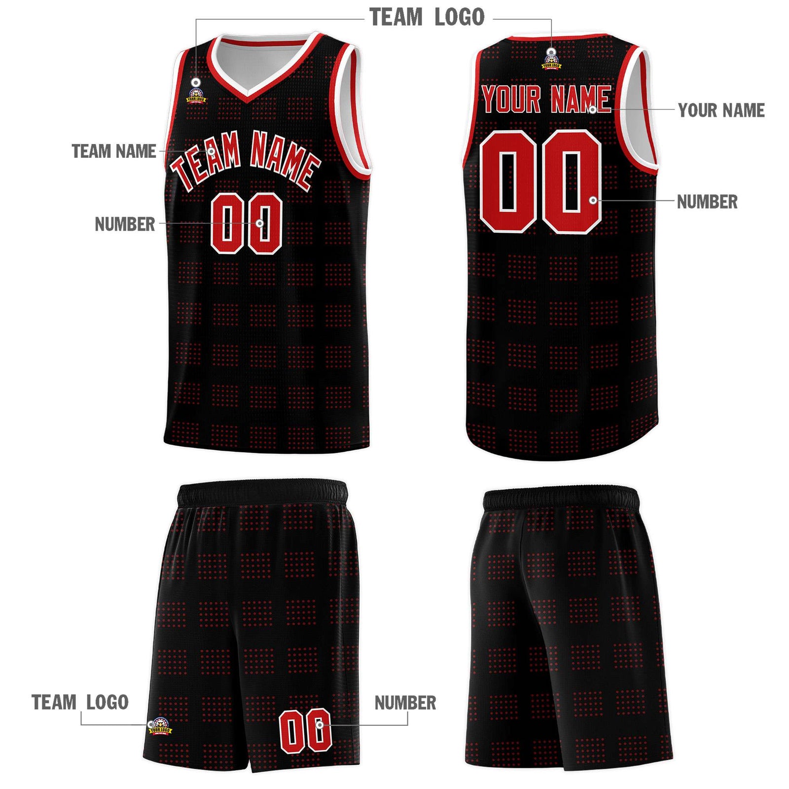 Custom Black Red Trailblazer Dot Pattern Sports Uniform Basketball Jersey