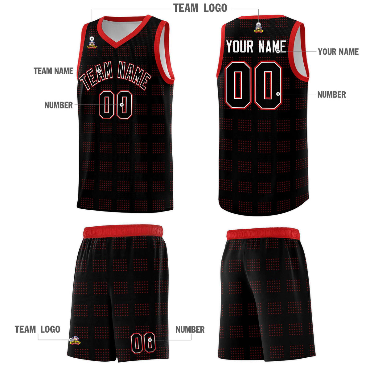 Custom Black Red Trailblazer Dot Pattern Sports Uniform Basketball Jersey