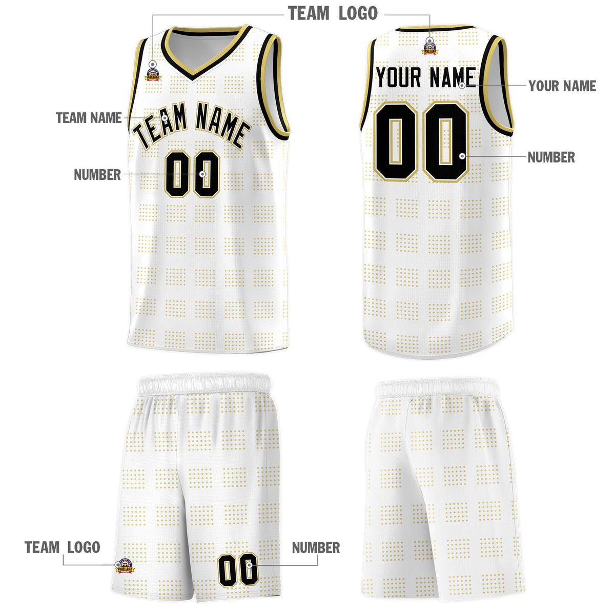 Custom White Old Gold Trailblazer Dot Pattern Sports Uniform Basketball Jersey