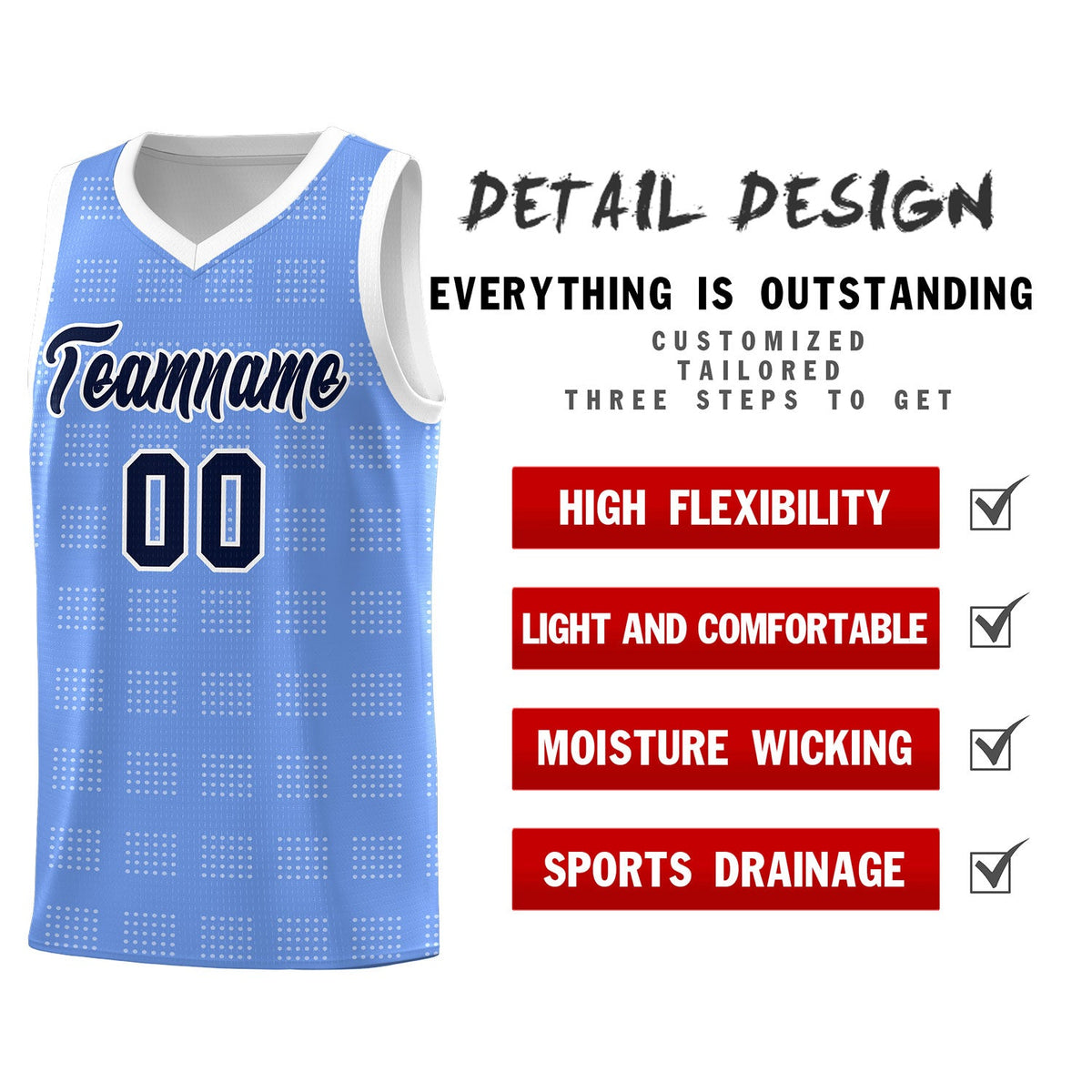 Custom Light Blue White Trailblazer Dot Pattern Sports Uniform Basketball Jersey