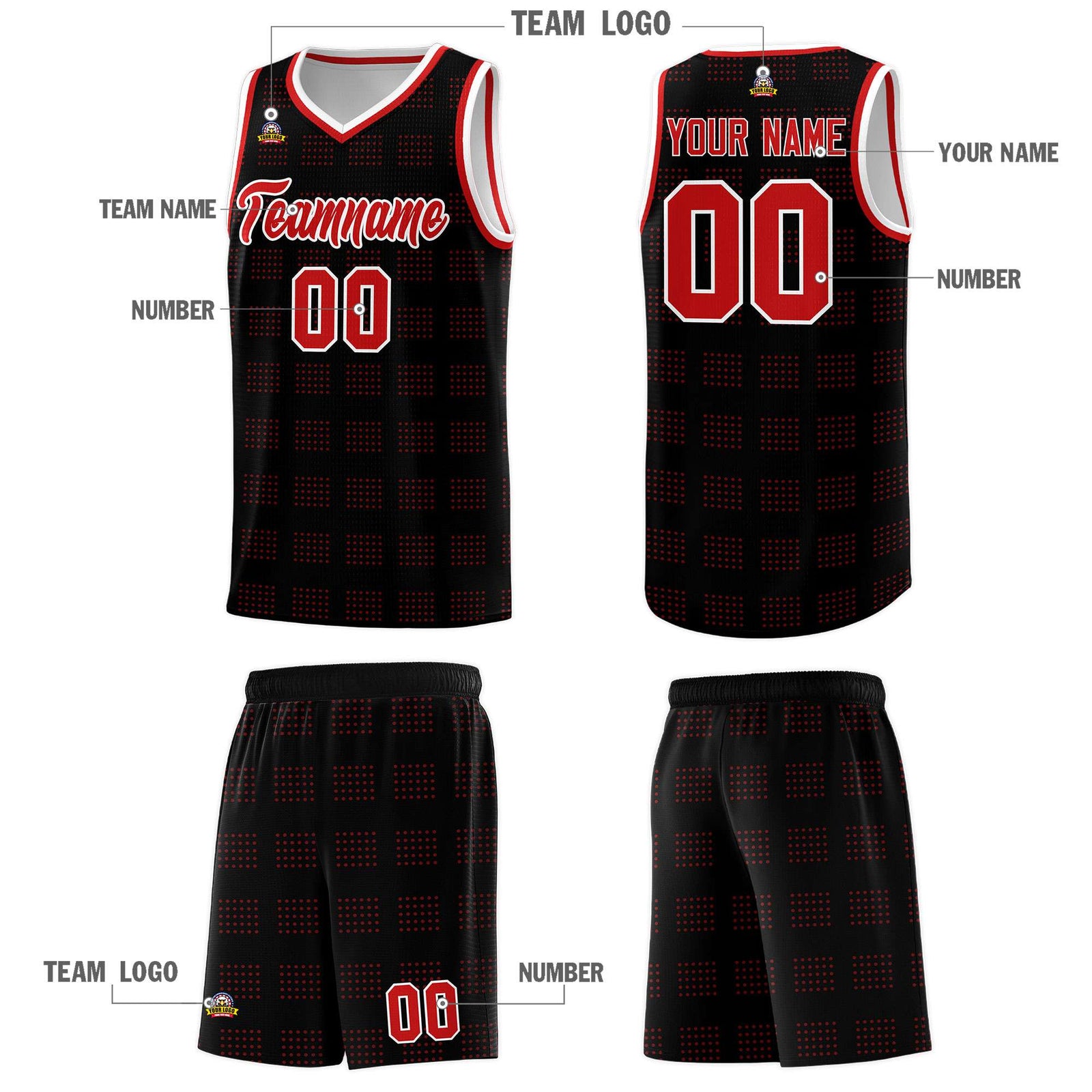 Custom Black Red Trailblazer Dot Pattern Sports Uniform Basketball Jersey