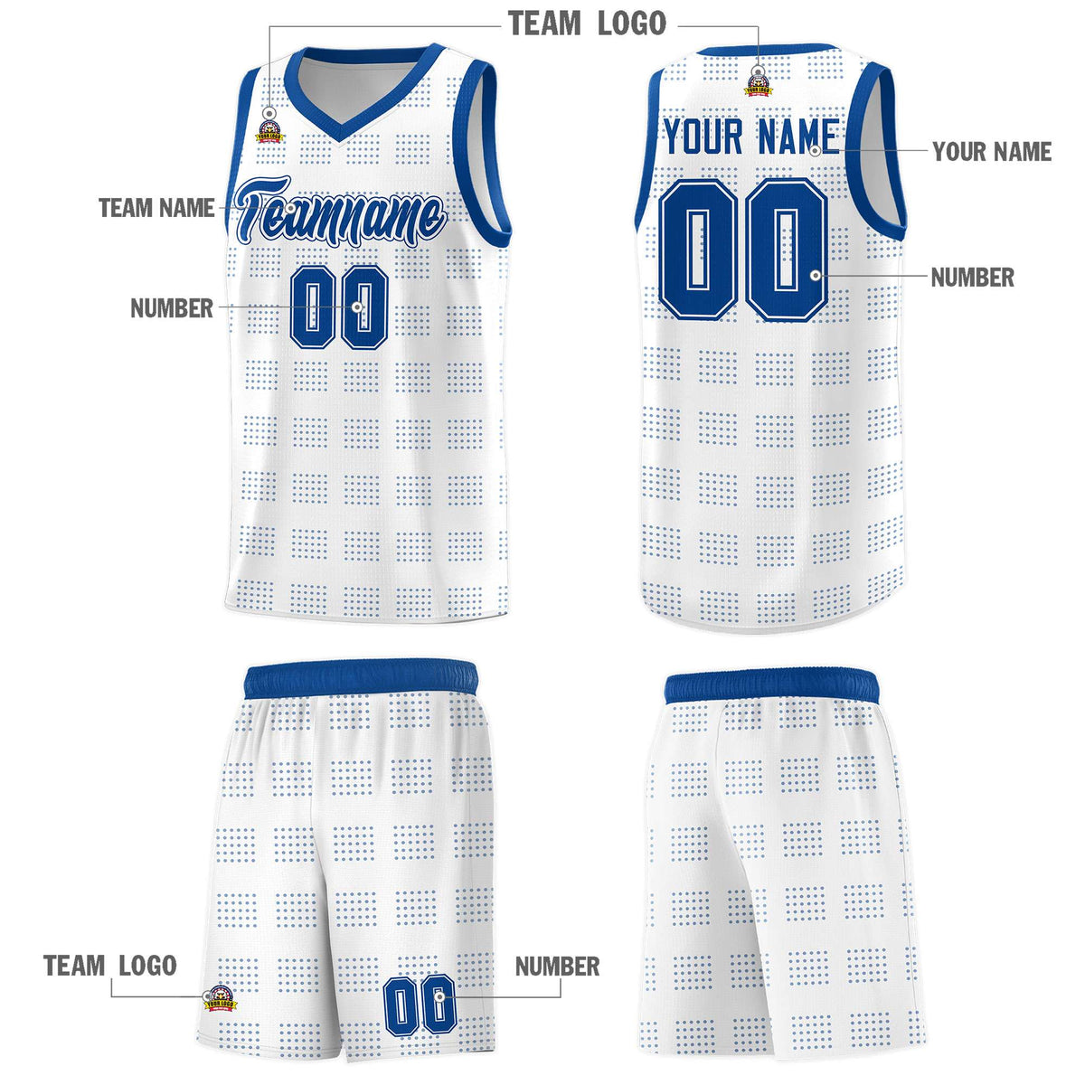 Custom White Royal Trailblazer Dot Pattern Sports Uniform Basketball Jersey