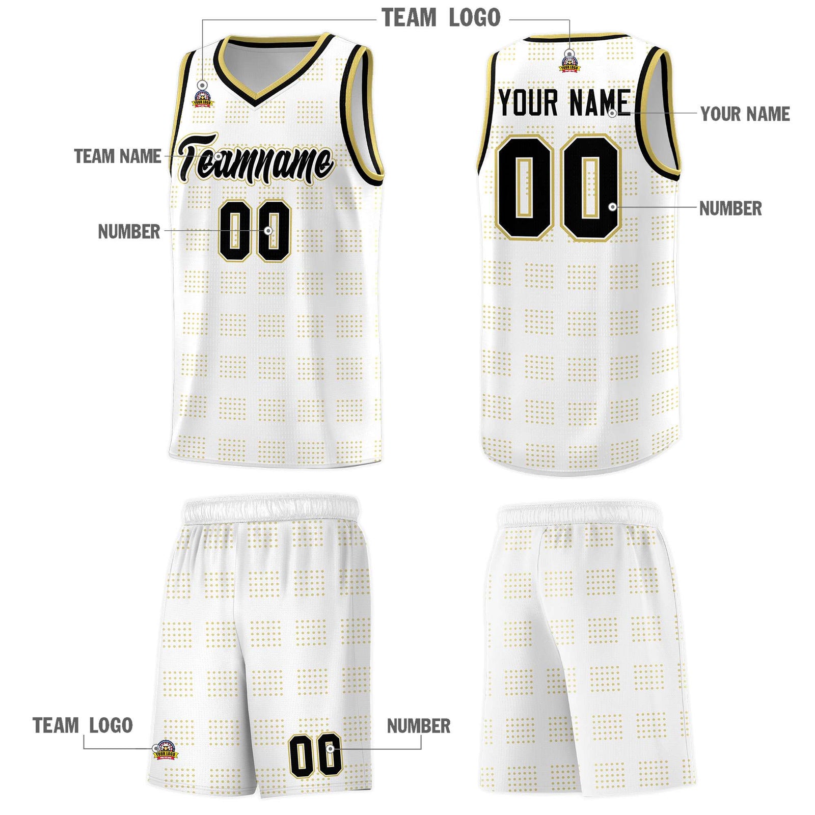 Custom White Old Gold Trailblazer Dot Pattern Sports Uniform Basketball Jersey