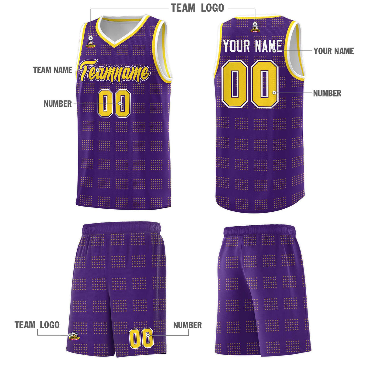 Custom Purple Gold Trailblazer Dot Pattern Sports Uniform Basketball Jersey