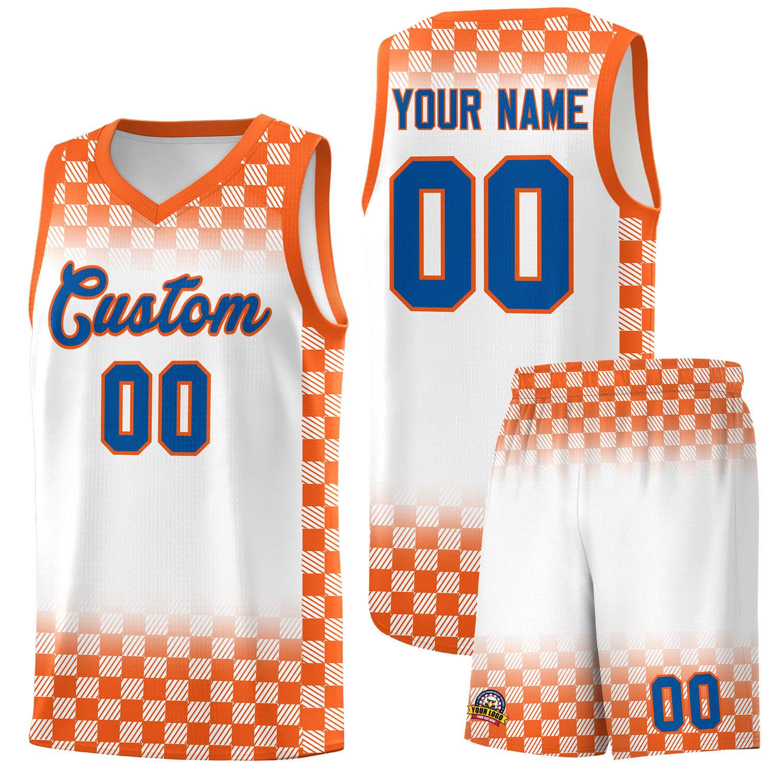 Custom White Orange Classic Plaid Pattern Sports Uniform Basketball Jersey