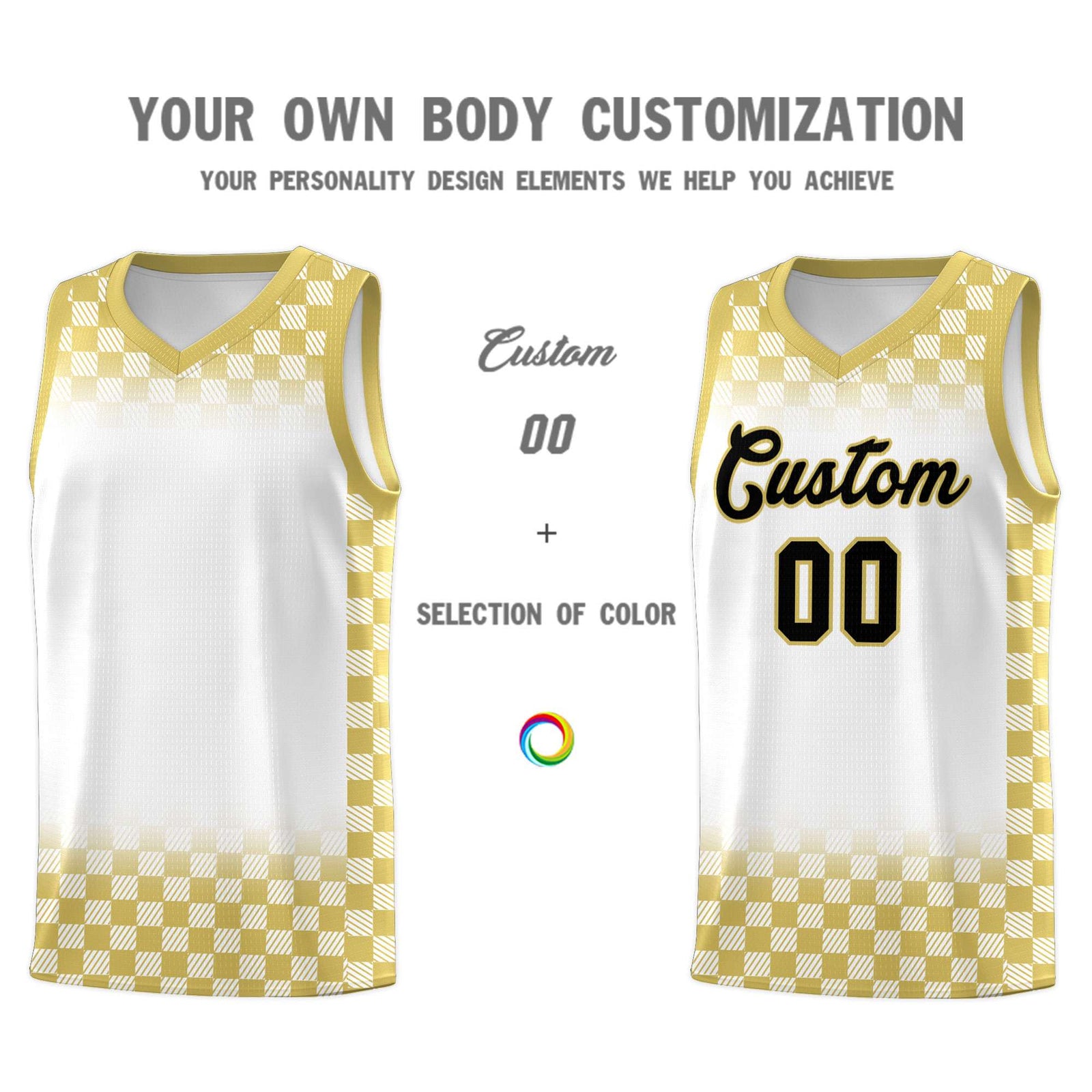 Custom White Old Gold Classic Plaid Pattern Sports Uniform Basketball Jersey