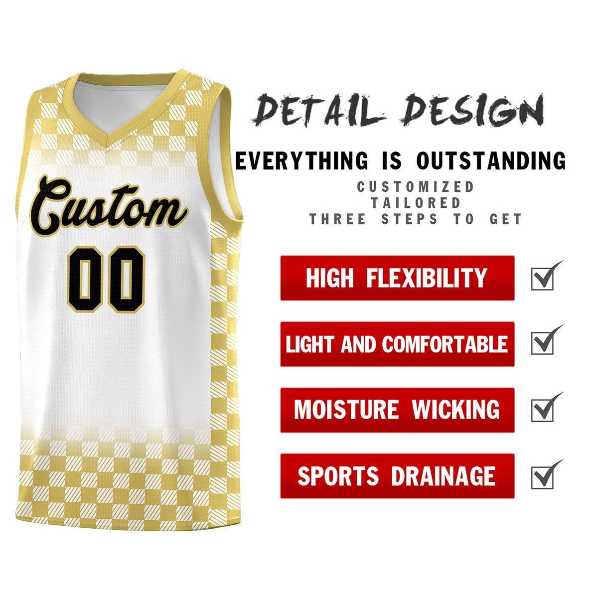 Custom White Old Gold Classic Plaid Pattern Sports Uniform Basketball Jersey