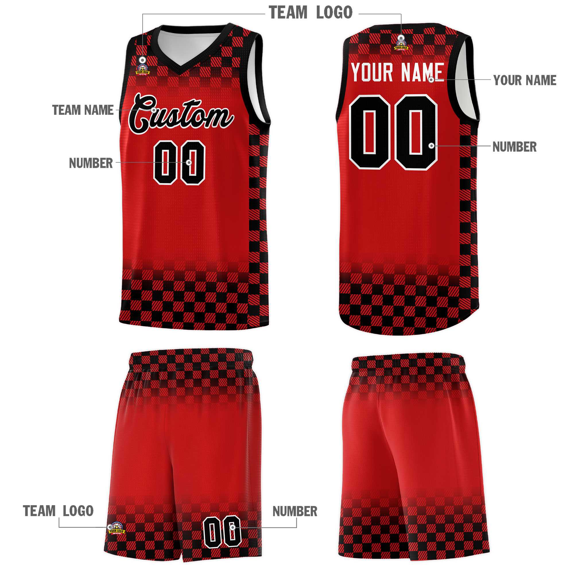 Custom Red Black Classic Plaid Pattern Sports Uniform Basketball Jersey