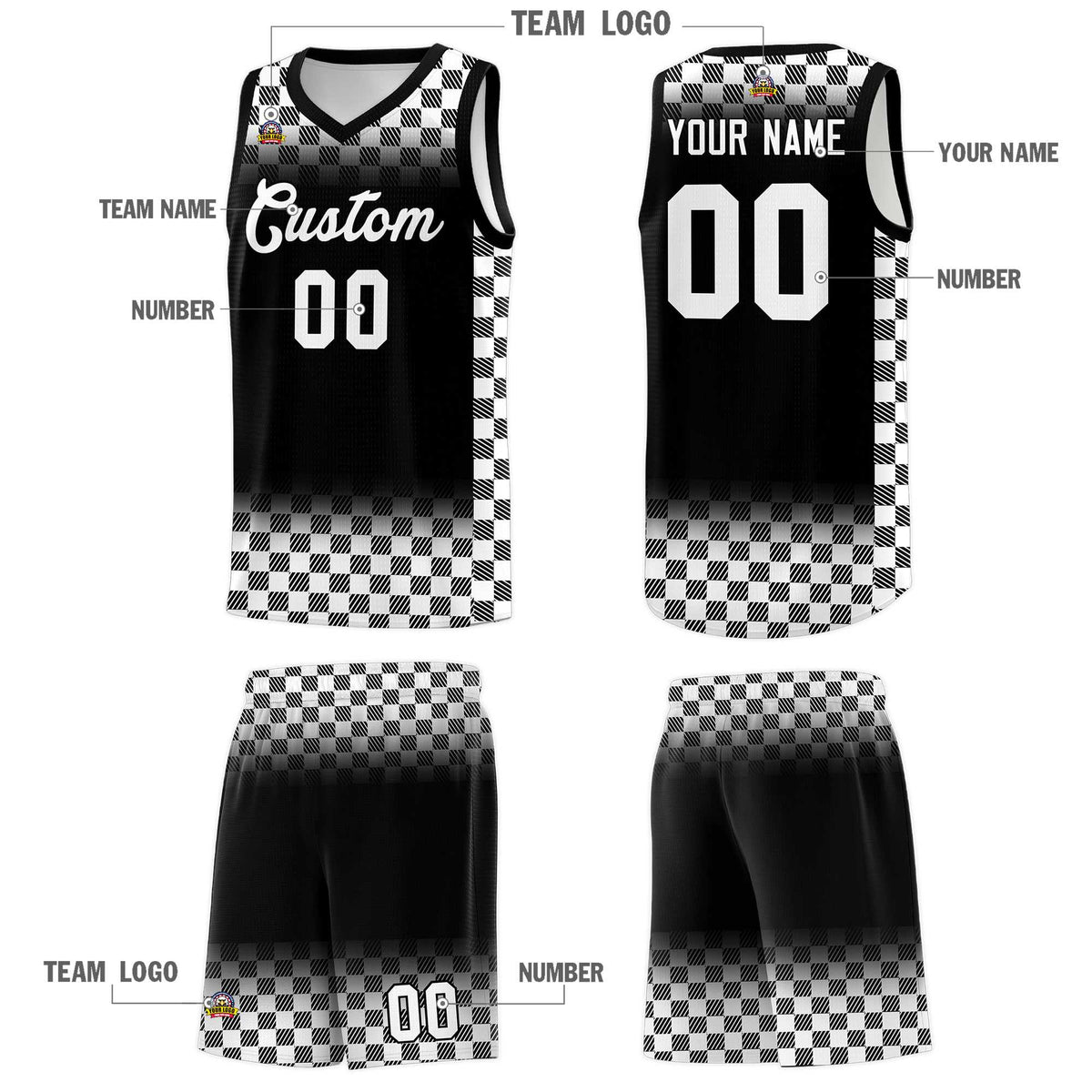 Custom Black White Classic Plaid Pattern Sports Uniform Basketball Jersey