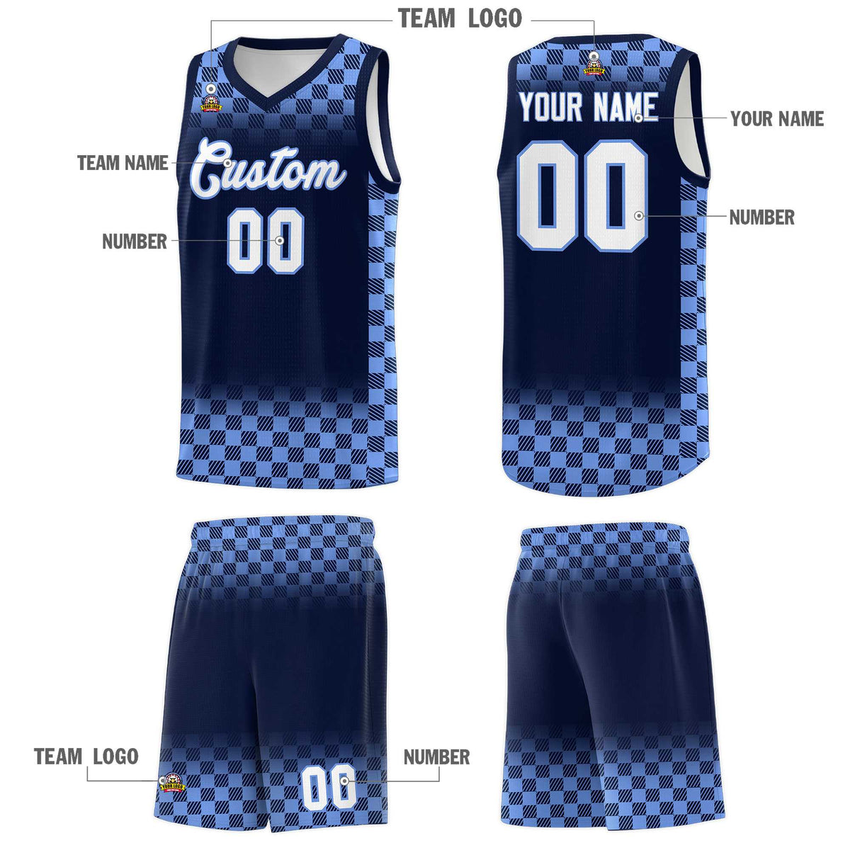 Custom Navy Light Blue Classic Plaid Pattern Sports Uniform Basketball Jersey