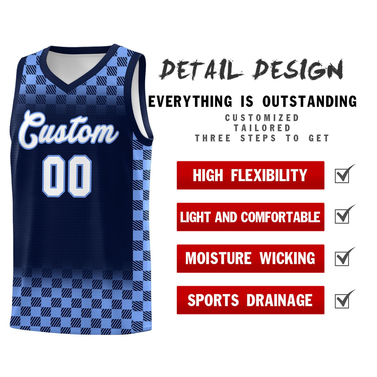 Custom Navy Light Blue Classic Plaid Pattern Sports Uniform Basketball Jersey