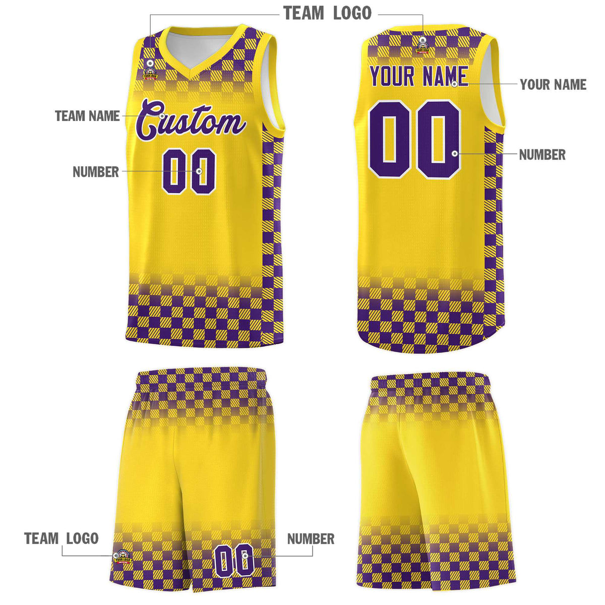 Custom Gold Purple Classic Plaid Pattern Sports Uniform Basketball Jersey