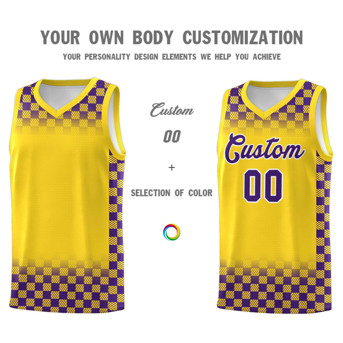 Custom Gold Purple Classic Plaid Pattern Sports Uniform Basketball Jersey