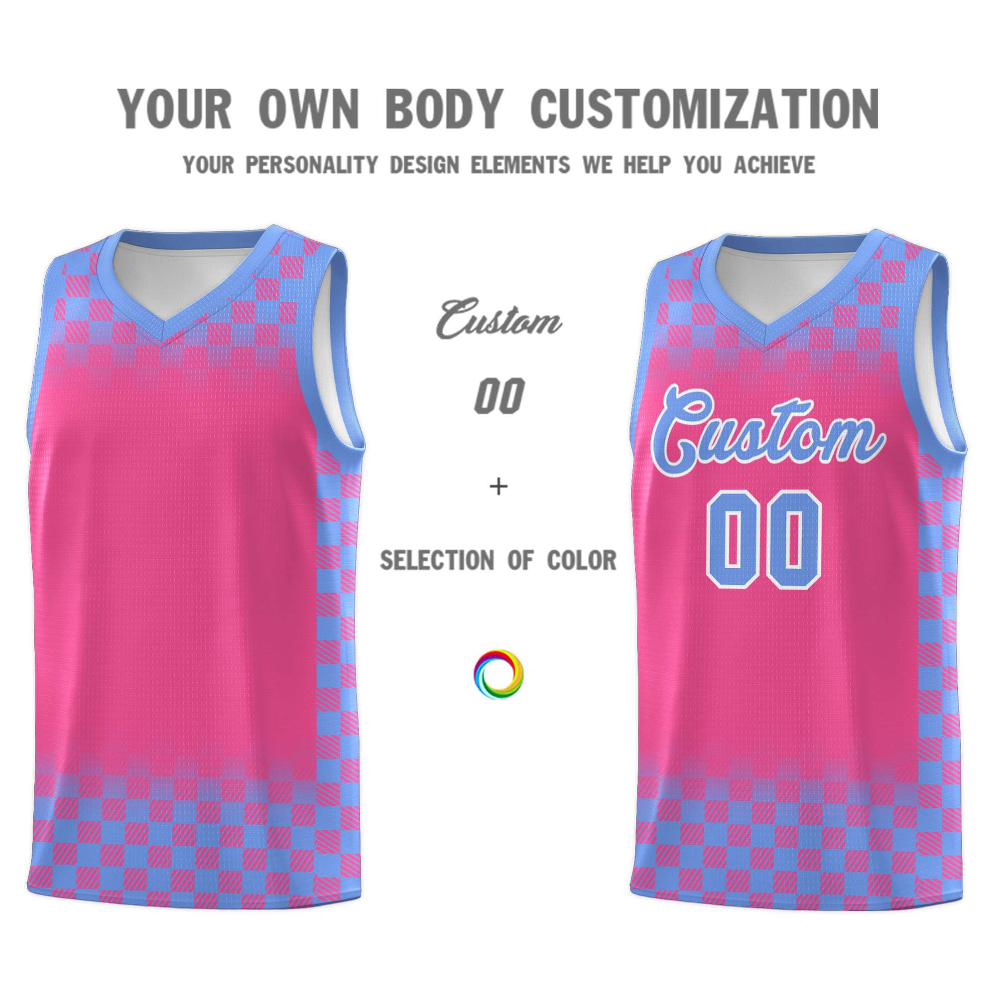 Custom Pink Light Blue Classic Plaid Pattern Sports Uniform Basketball Jersey