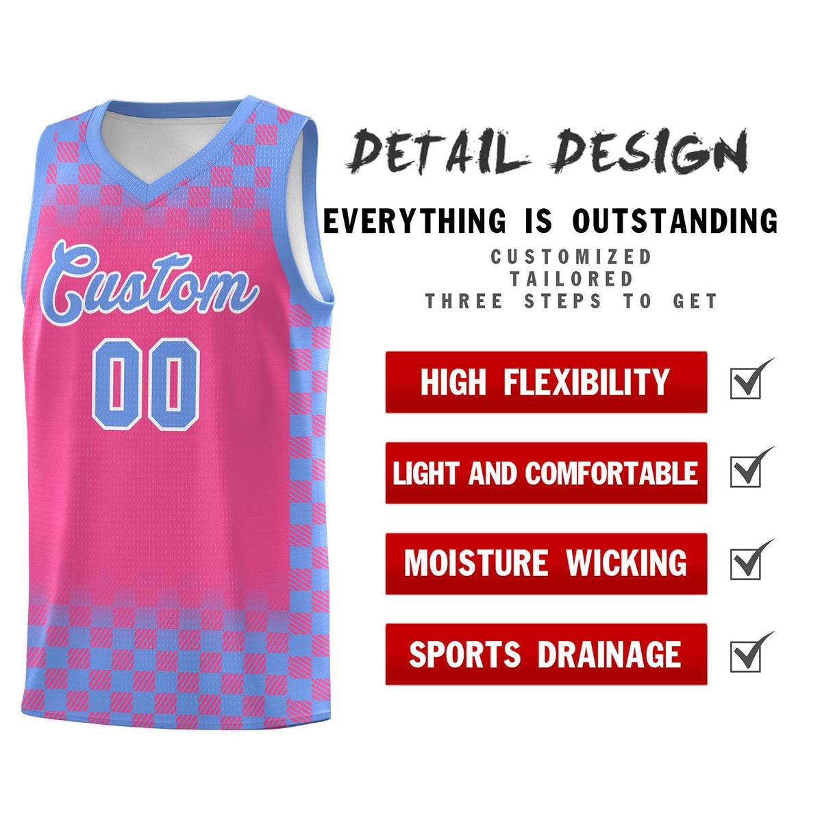 Custom Pink Light Blue Classic Plaid Pattern Sports Uniform Basketball Jersey