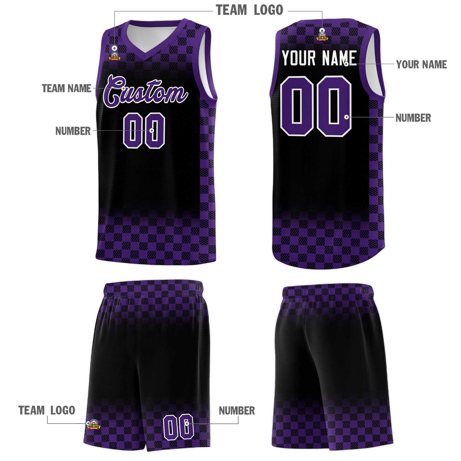 Custom Black Purple Classic Plaid Pattern Sports Uniform Basketball Jersey