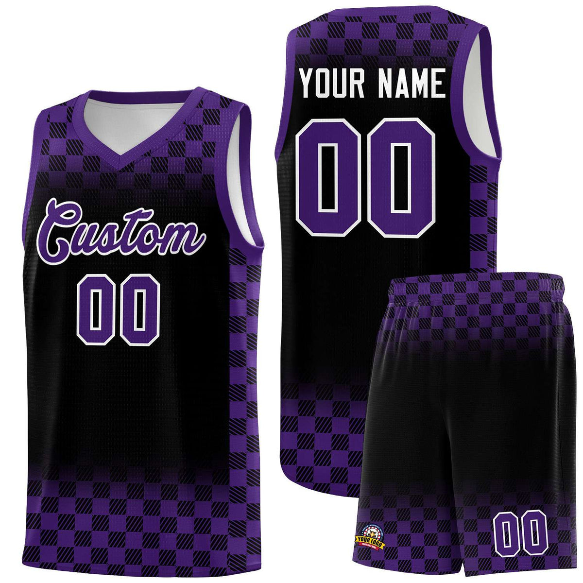 Custom Black Purple Classic Plaid Pattern Sports Uniform Basketball Jersey