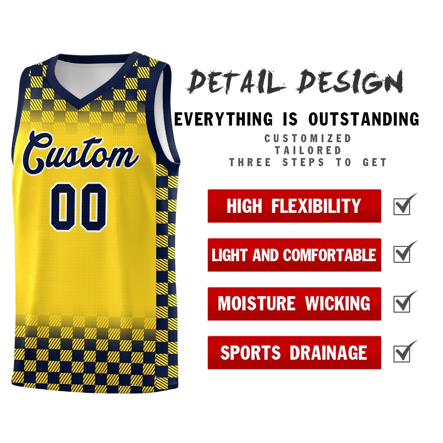 Custom Gold Navy Classic Plaid Pattern Sports Uniform Basketball Jersey