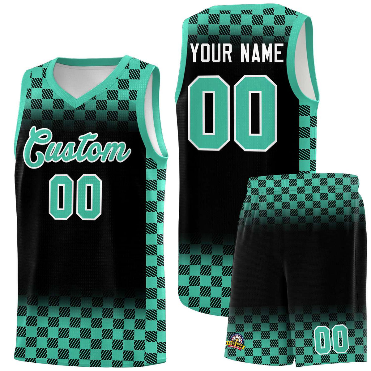 Custom Black Bright Green Classic Plaid Pattern Sports Uniform Basketball Jersey