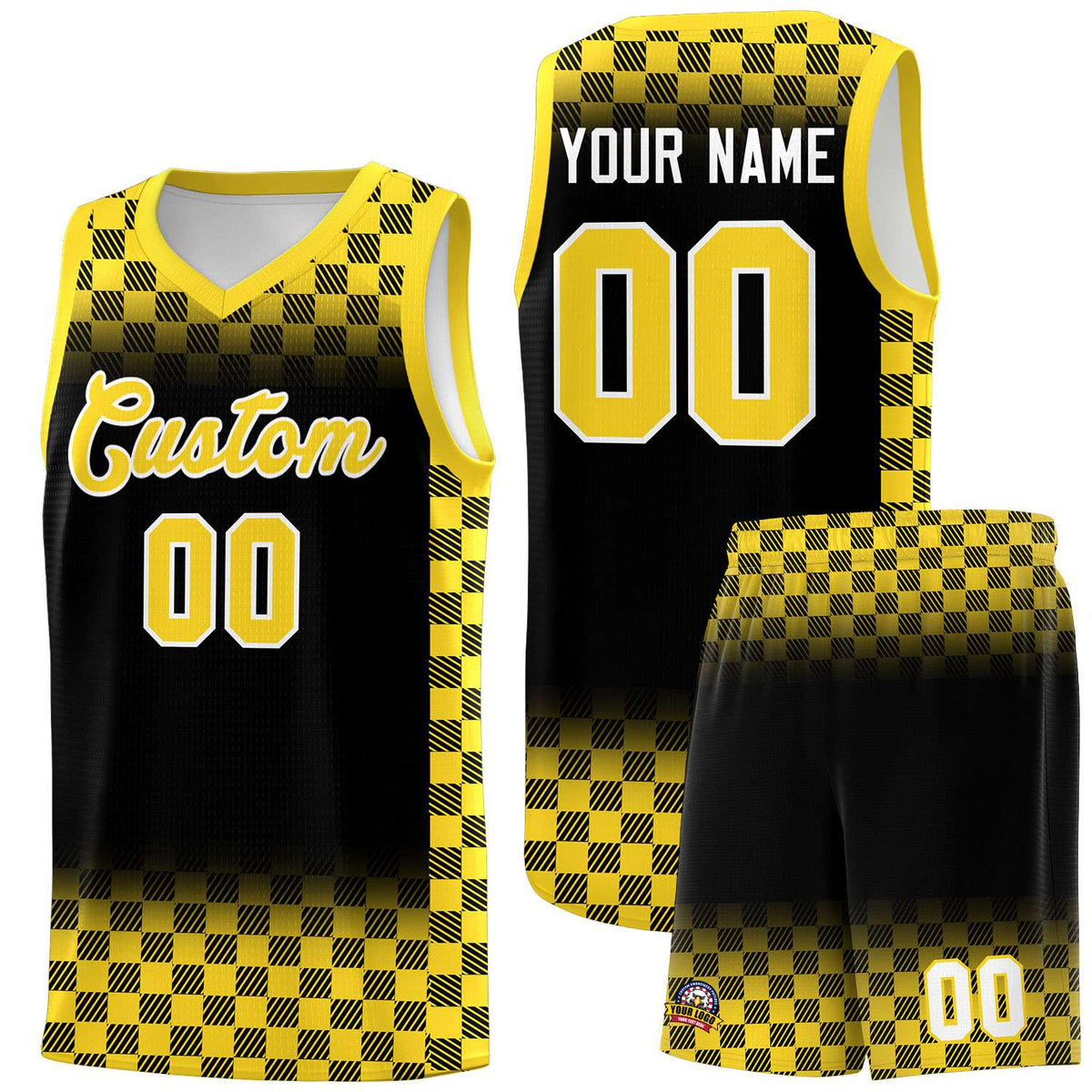 Custom Black Gold Classic Plaid Pattern Sports Uniform Basketball Jersey