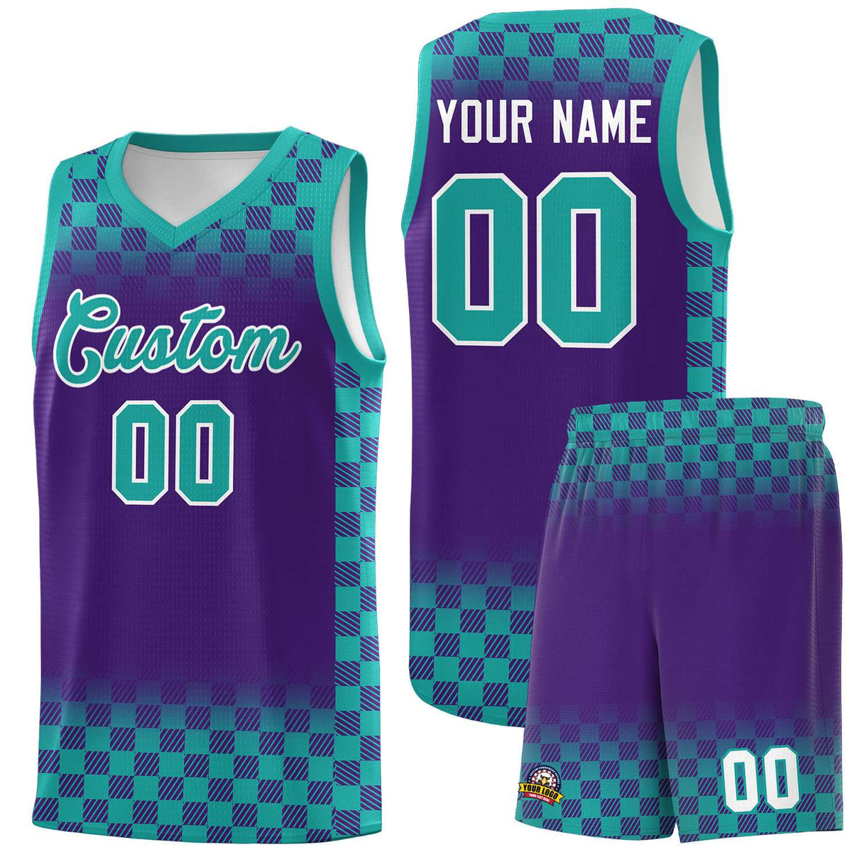 Custom Purple Aqua Classic Plaid Pattern Sports Uniform Basketball Jersey