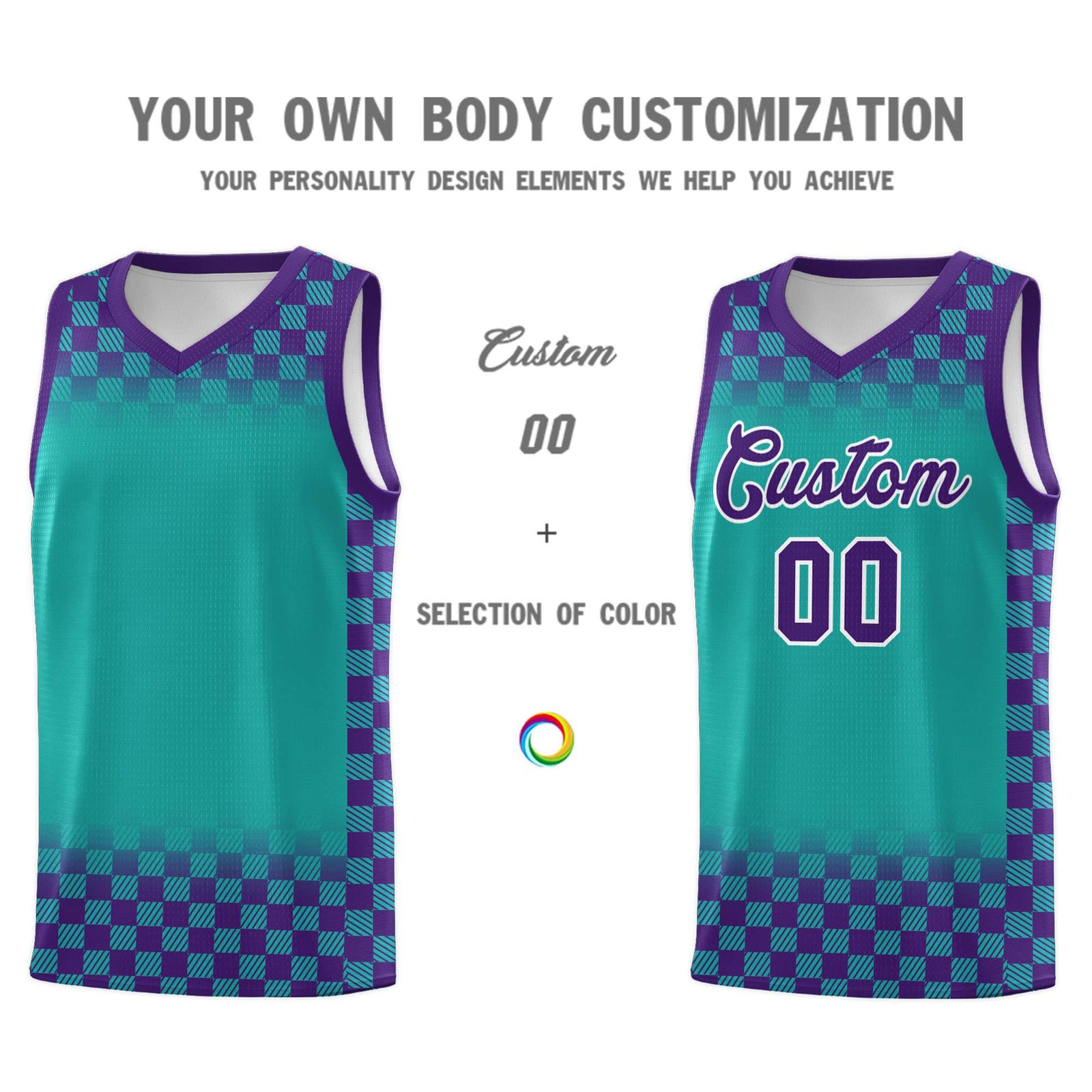 Custom Aqua Purple Classic Plaid Pattern Sports Uniform Basketball Jersey