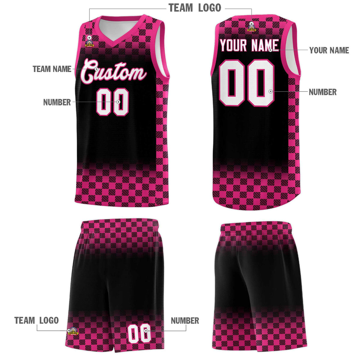 Custom Black Pink Classic Plaid Pattern Sports Uniform Basketball Jersey
