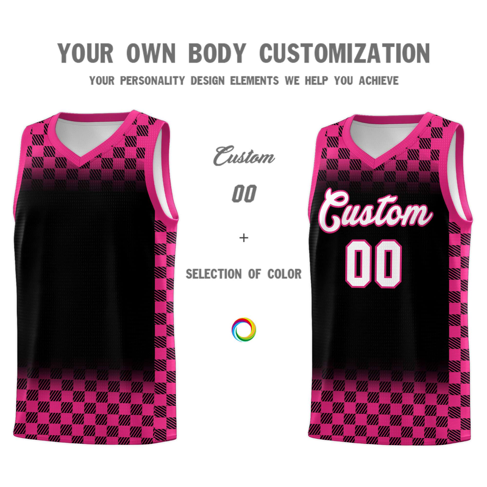 Custom Black Pink Classic Plaid Pattern Sports Uniform Basketball Jersey