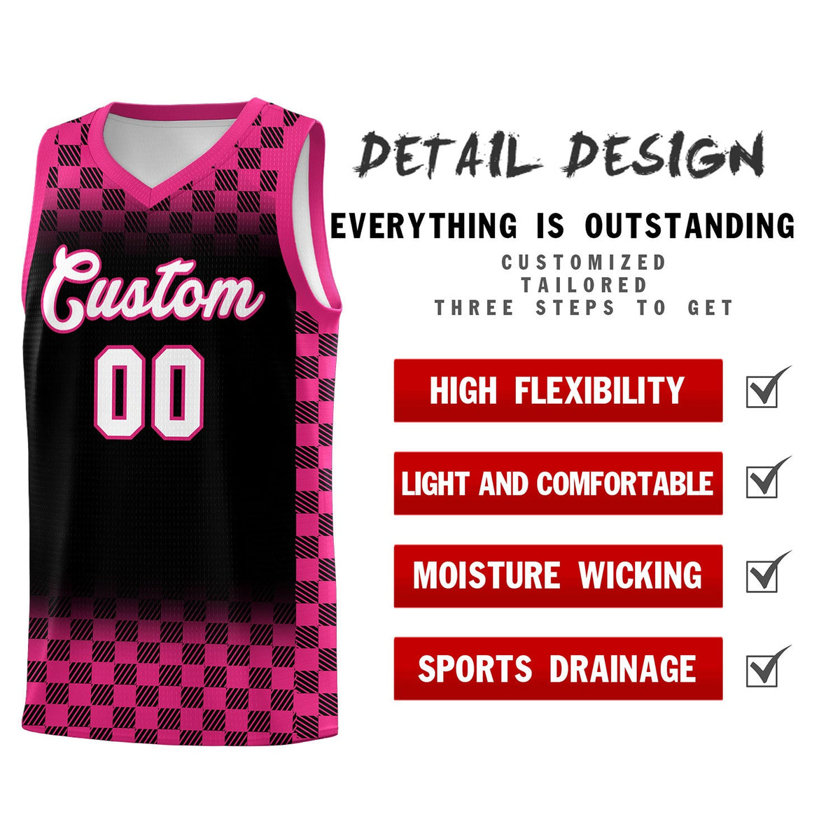 Custom Black Pink Classic Plaid Pattern Sports Uniform Basketball Jersey