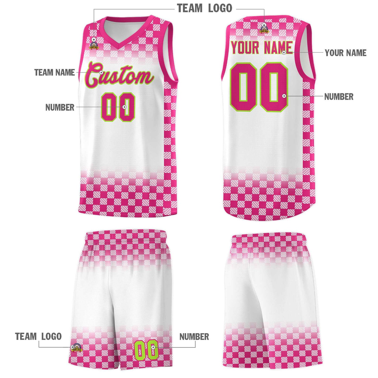 Custom White Pink Classic Plaid Pattern Sports Uniform Basketball Jersey