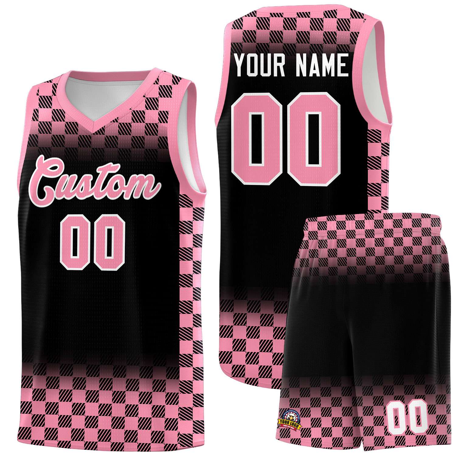 Custom Black Light Pink Classic Plaid Pattern Sports Uniform Basketball Jersey