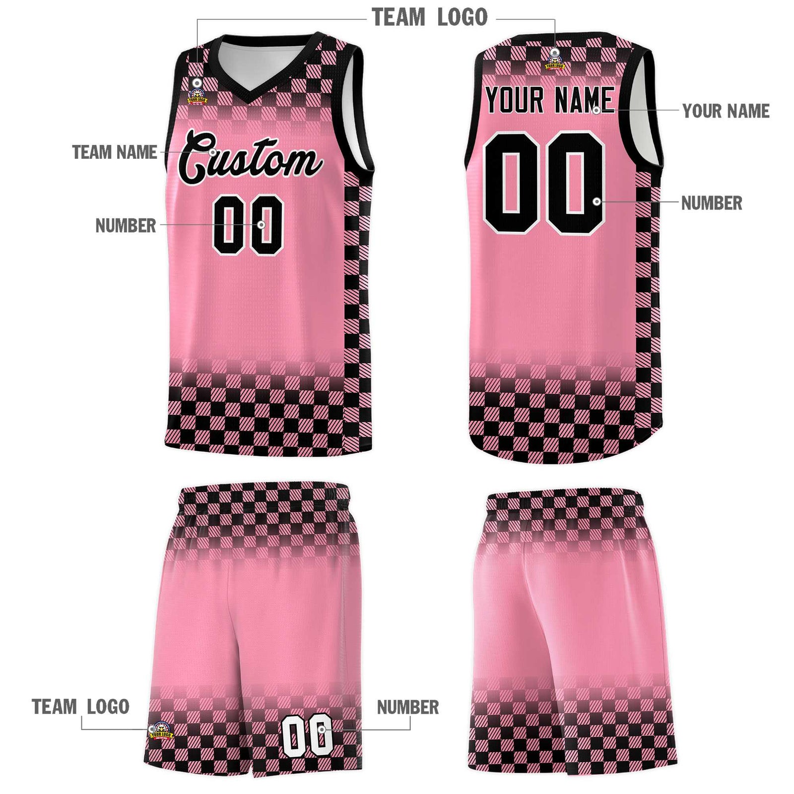 Custom Light Pink Black Classic Plaid Pattern Sports Uniform Basketball Jersey