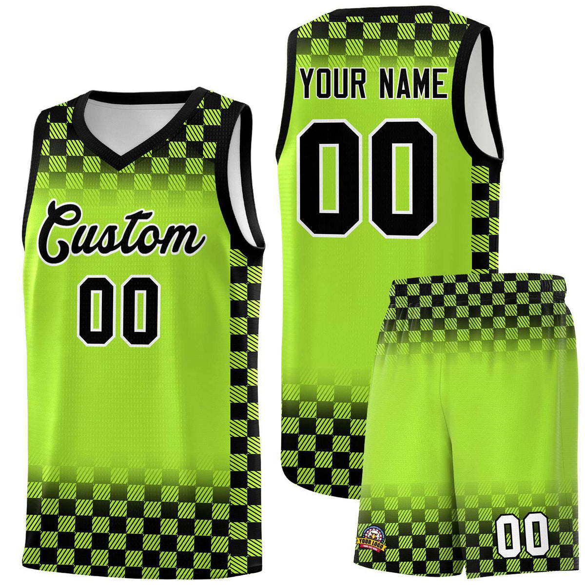 Custom Neon Green Black Classic Plaid Pattern Sports Uniform Basketball Jersey