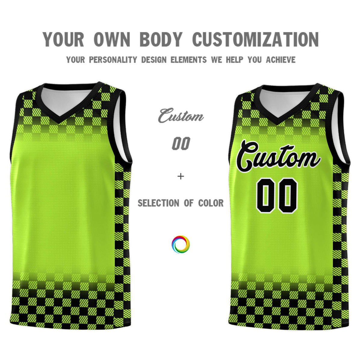 Custom Neon Green Black Classic Plaid Pattern Sports Uniform Basketball Jersey