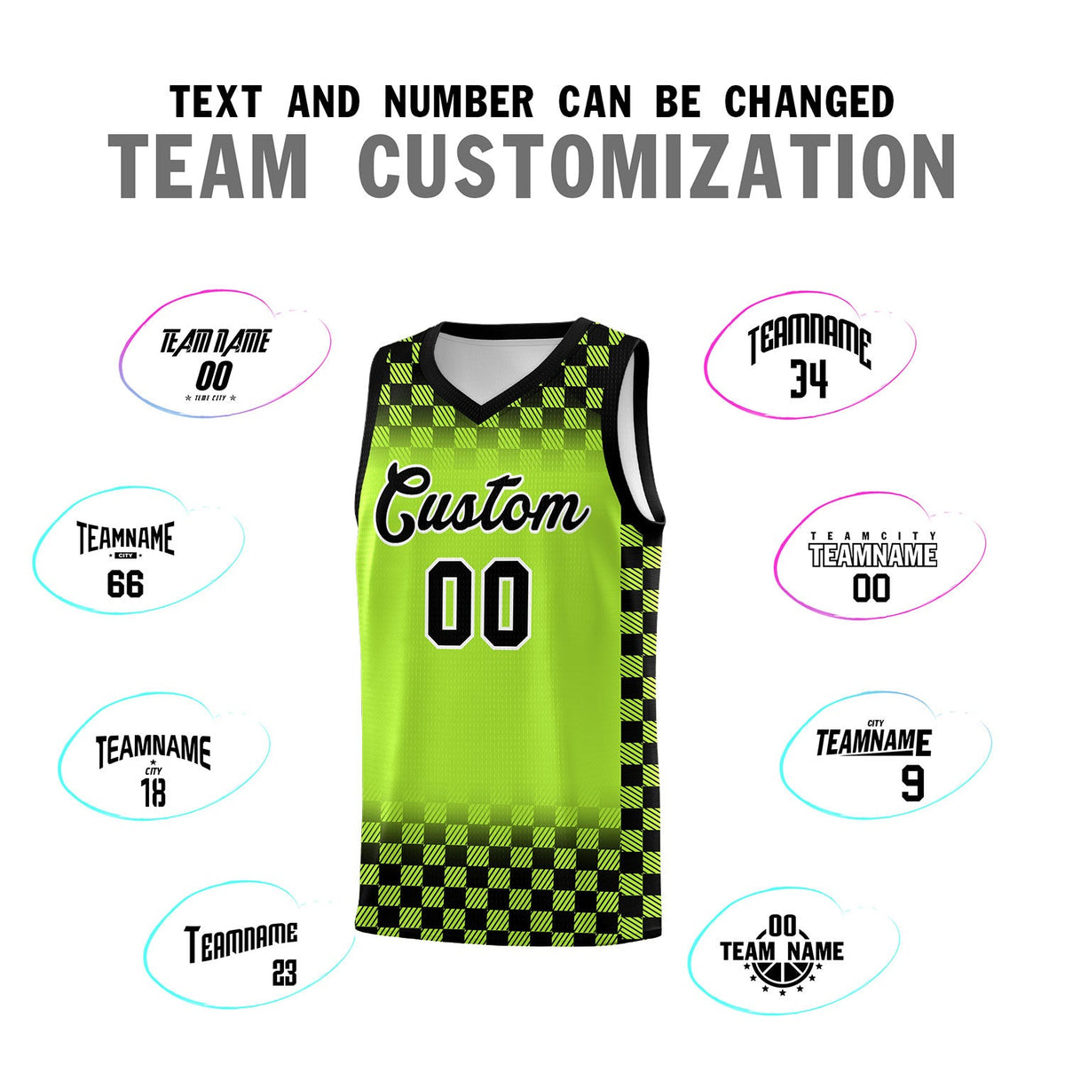 Custom Neon Green Black Classic Plaid Pattern Sports Uniform Basketball Jersey