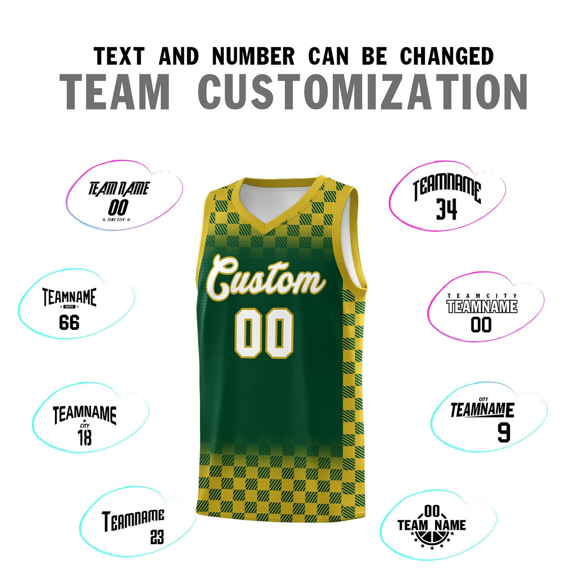Custom Green Old Gold Classic Plaid Pattern Sports Uniform Basketball Jersey