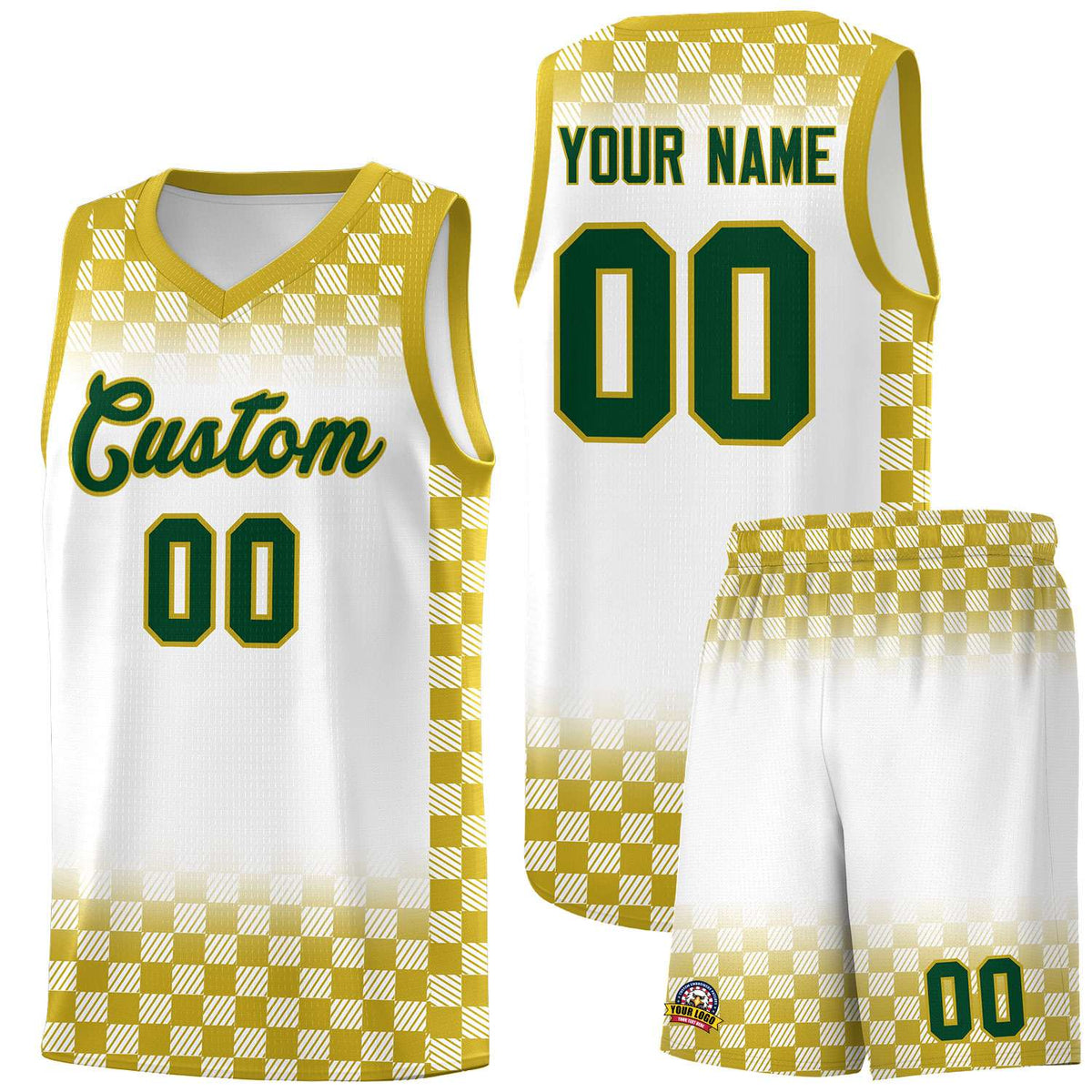 Custom White Old Gold Classic Plaid Pattern Sports Uniform Basketball Jersey
