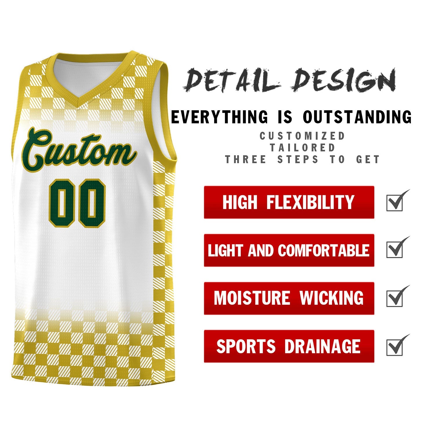 Custom White Old Gold Classic Plaid Pattern Sports Uniform Basketball Jersey