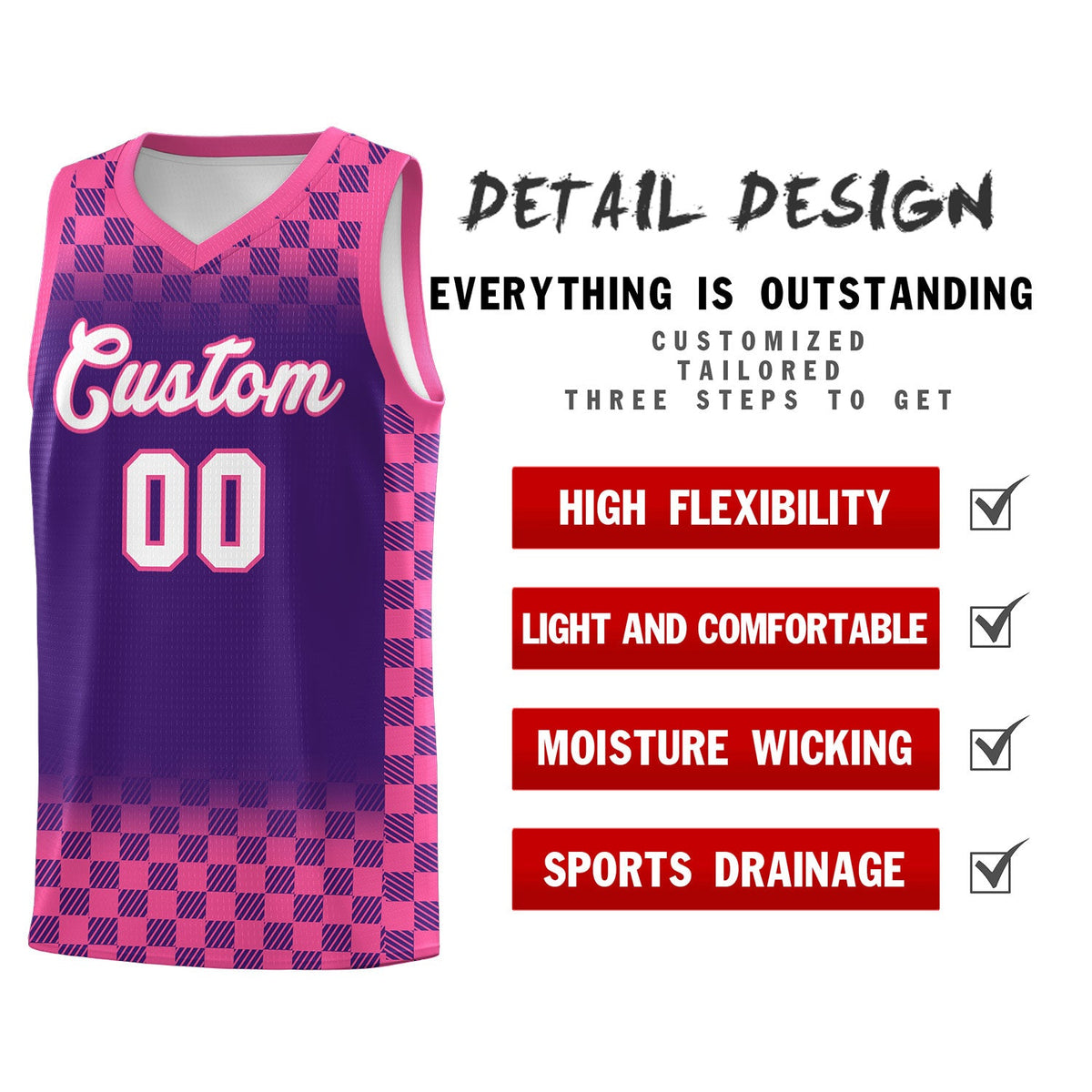 Custom Purple Pink Classic Plaid Pattern Sports Uniform Basketball Jersey