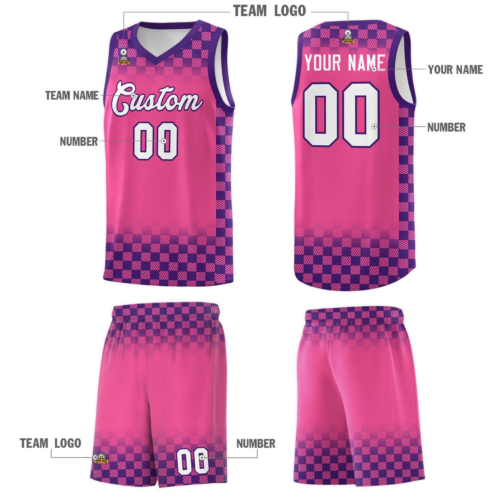 Custom Pink Purple Classic Plaid Pattern Sports Uniform Basketball Jersey