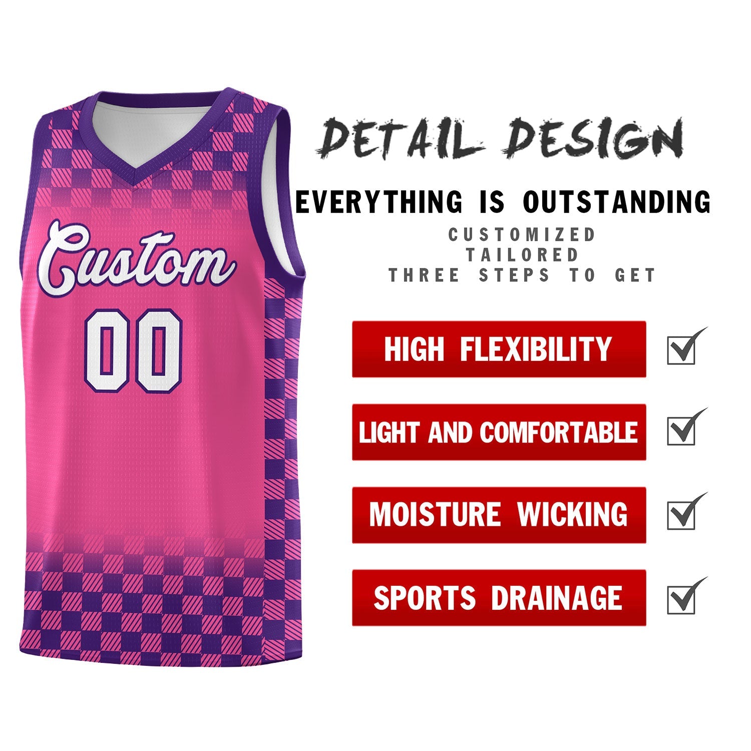 Custom Pink Purple Classic Plaid Pattern Sports Uniform Basketball Jersey