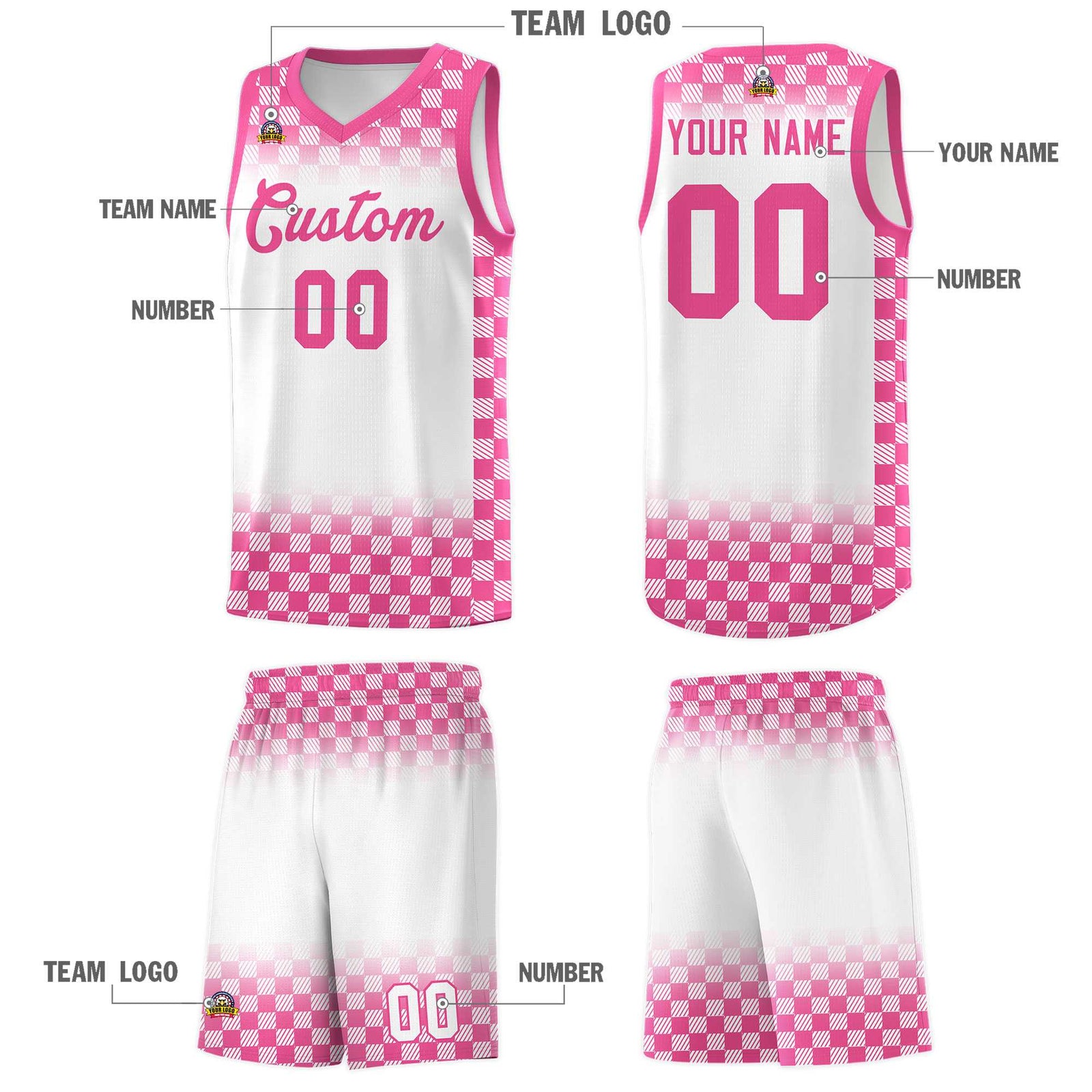 Custom White Pink Classic Plaid Pattern Sports Uniform Basketball Jersey