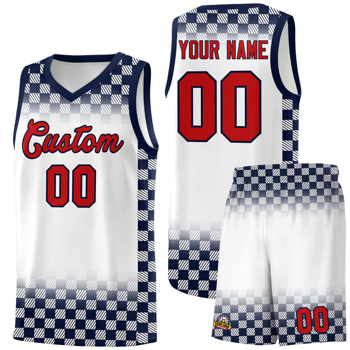 Custom White Navy Classic Plaid Pattern Sports Uniform Basketball Jersey
